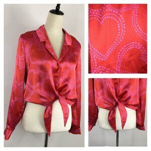 BAILEY 44 Anthropologie Red Pink Satin Sateen Heart Print Tie Hem Button Shirt
